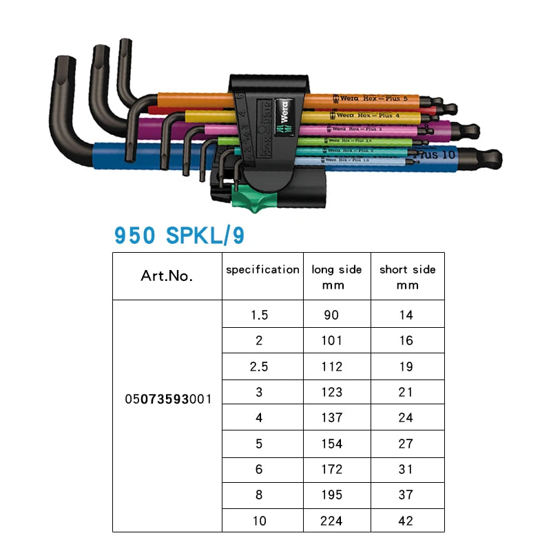 WERA Tools 9 Pieces Metric Long Arm Hex Key Sets Multicolour 950 SPKL/9 SM N SB BlackLaser