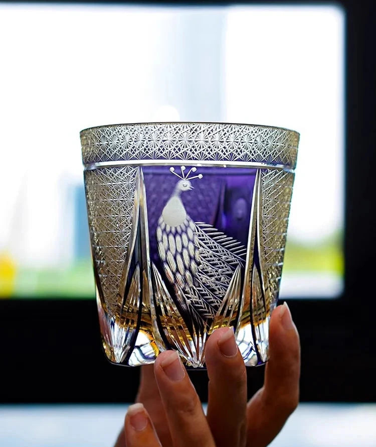 Edo Kiriko Violet Peacock Crystal Glass