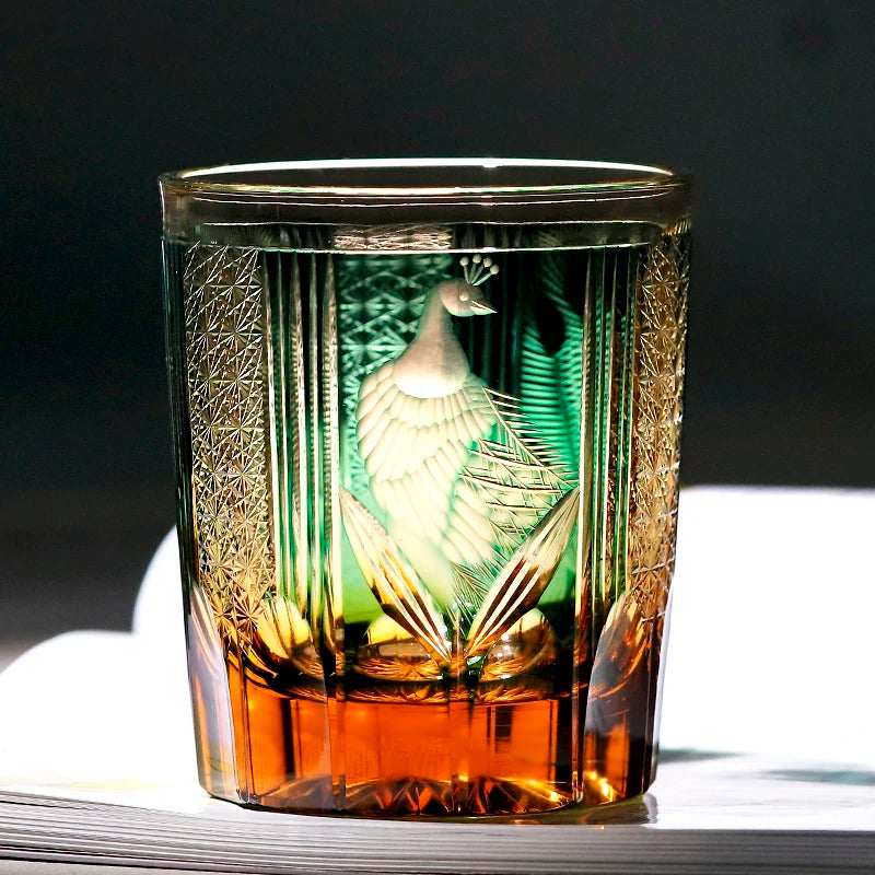 Edo Kiriko Peacock Crystal Glass